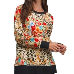 JOHNNY WAS Floral Cheetah Print Crew Neck Boho Sweatshirt Size Large